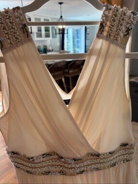 Elegant Cream Beaded V-Neck Tea Length Dress